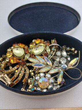 Vintage Trinket Box With Rhinestone Jewelry Necklace, Earrings, Brooch Pin